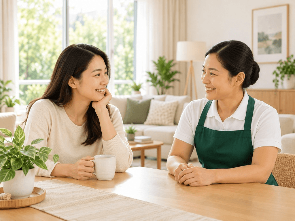 Family and helper having a warm conversation at home